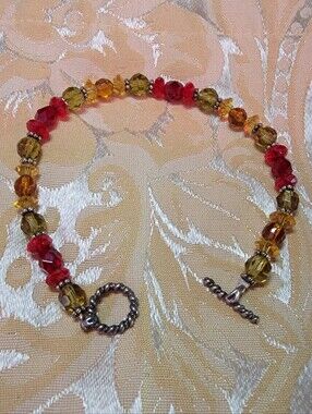Red and Amber Glass Bead Toggle Bracelet - Women Jewelry